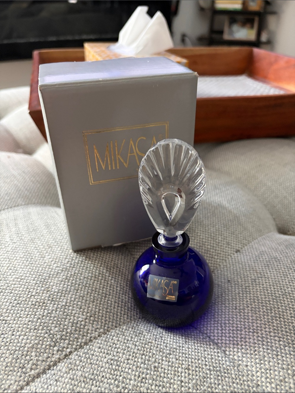 Mikasa Cobalt Blue Glass Perfume Decanter with Clear Cut Crystal Stopper